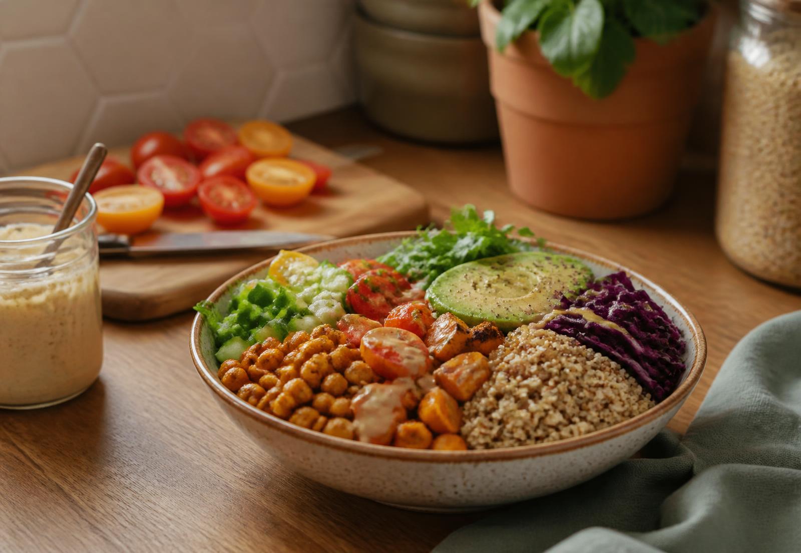 A colorful bowl of fresh vegetables, chickpeas, and grains on a sunlit wooden kitchen counter